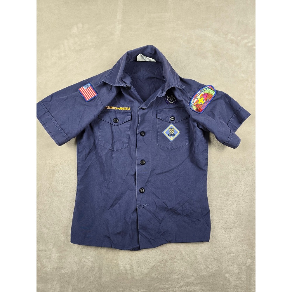 Boy Scouts of America Uniform Shirt Youth Medium Blue Patched Short Sleeve *Tear